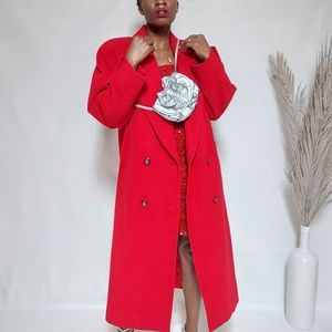 Red Vintage Full Length Double Breasted Wool Coat. SIZE M/L